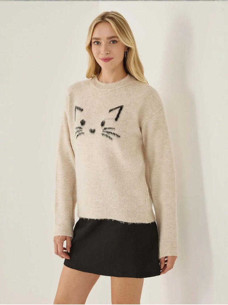 Pull coupe décontractée à motif chaton mignon Beige naturel - Kiabi