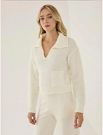 Pull court à col chemise avec poche