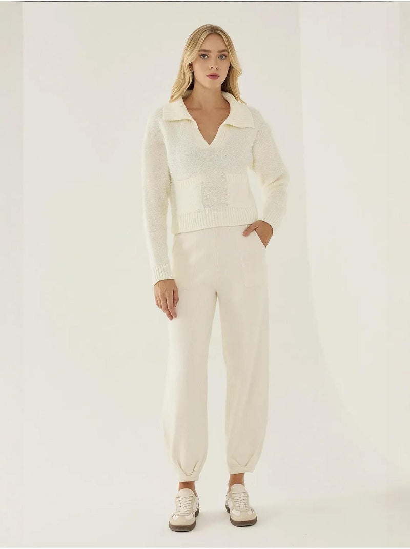 Pull court à col chemise avec poche Beige naturel - Kiabi