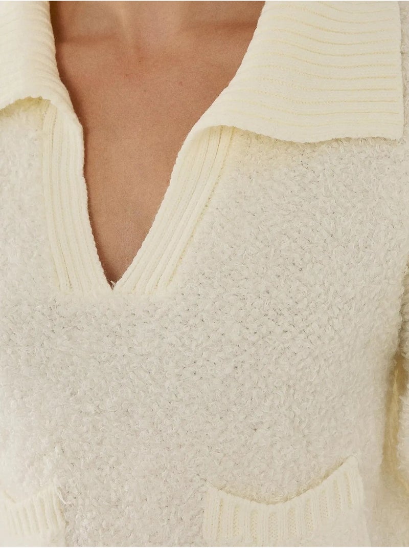 Pull court à col chemise avec poche Beige naturel - Kiabi