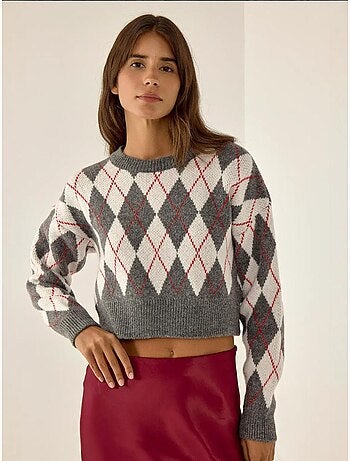 Pull court à col ras du cou avec motif losanges