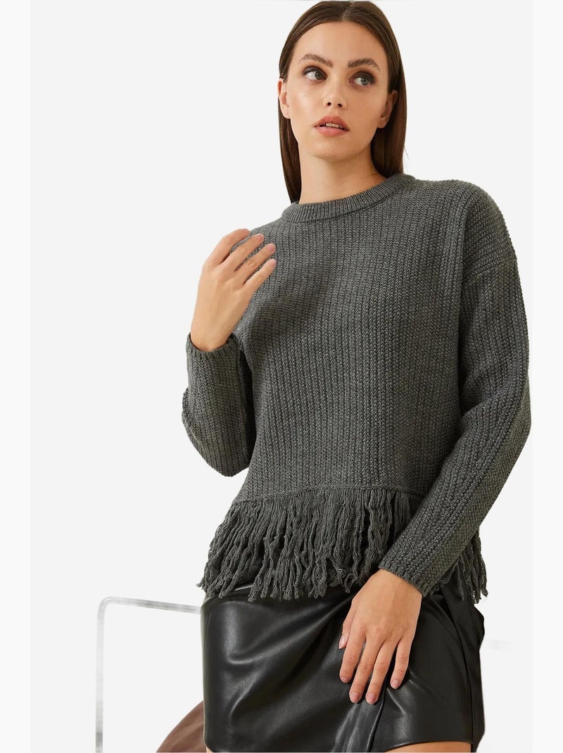 Pull court à col rond et franges lucci Gris - Kiabi