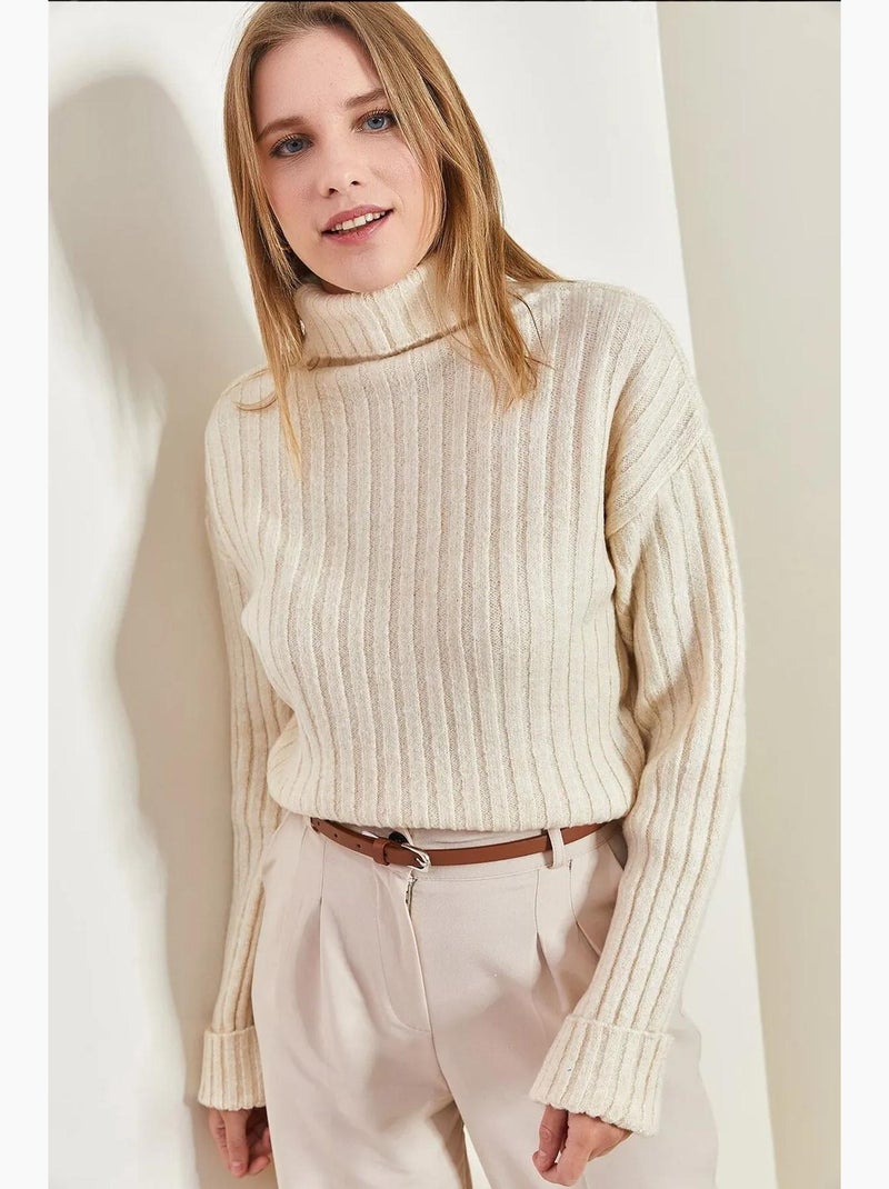 Pull court à col roulé côtelé lucci Beige argile - Kiabi
