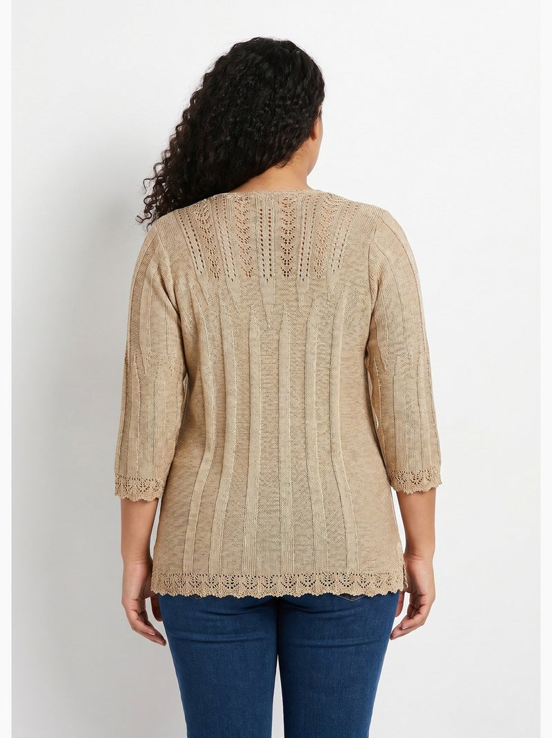 Pull court ajouré col rond - Afibel Beige - Kiabi
