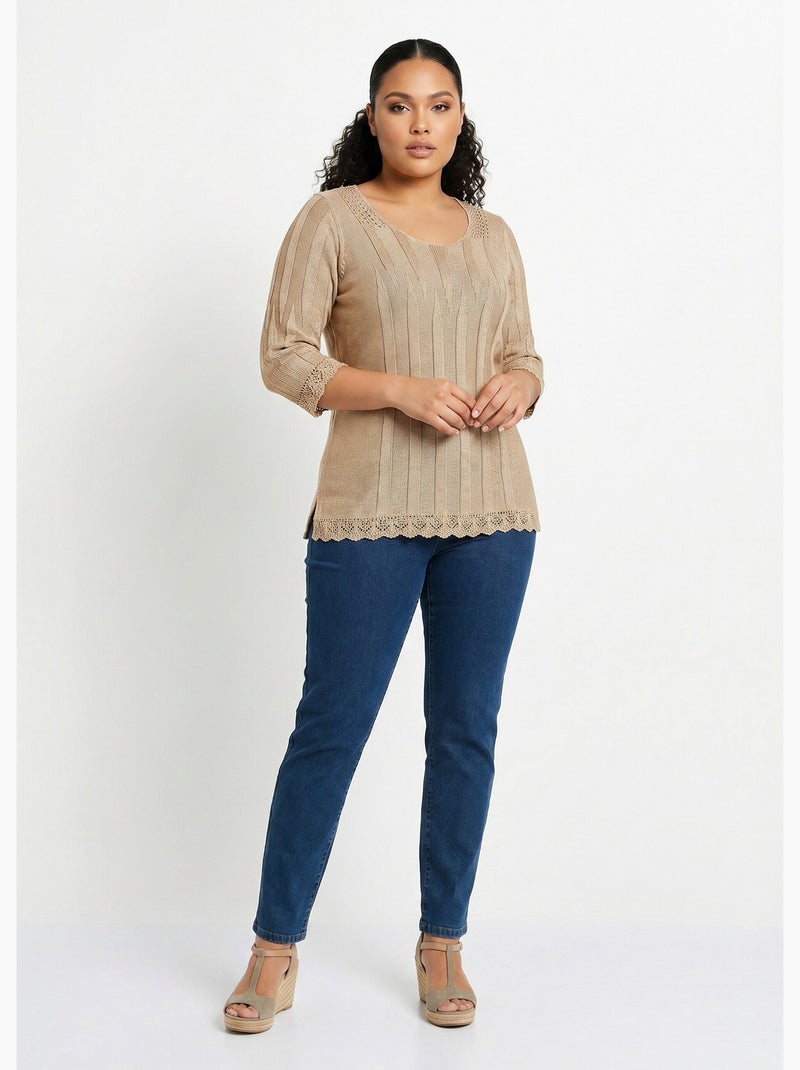 Pull court ajouré col rond - Afibel Beige - Kiabi