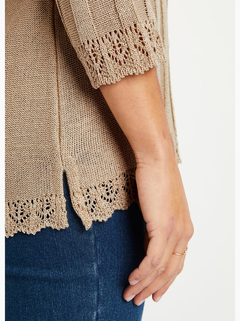 Pull court ajouré col rond - Afibel Beige - Kiabi