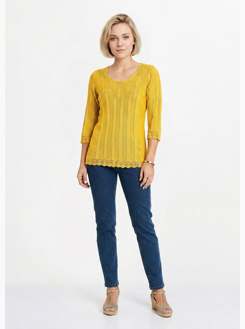 Pull court ajouré col rond - Afibel Jaune - Kiabi