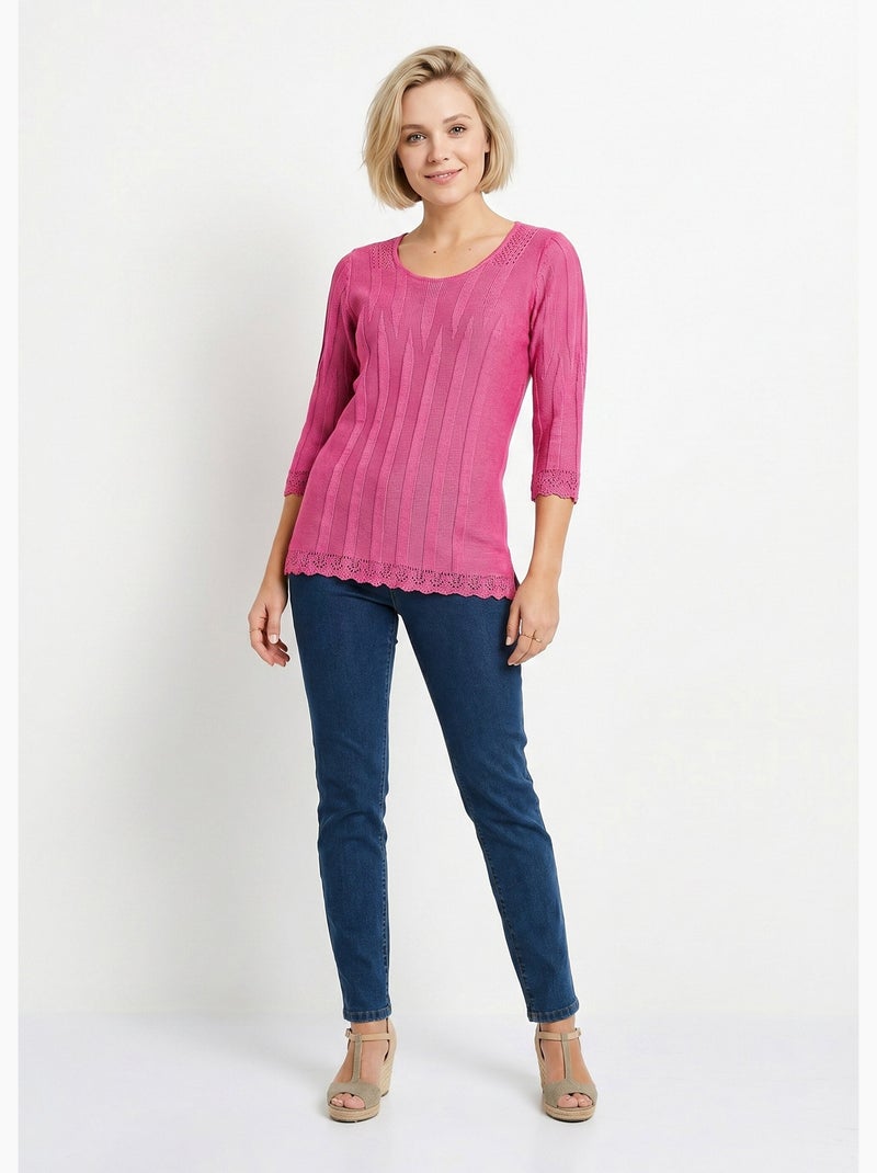 Pull court ajouré col rond - Afibel Rose fushia - Kiabi
