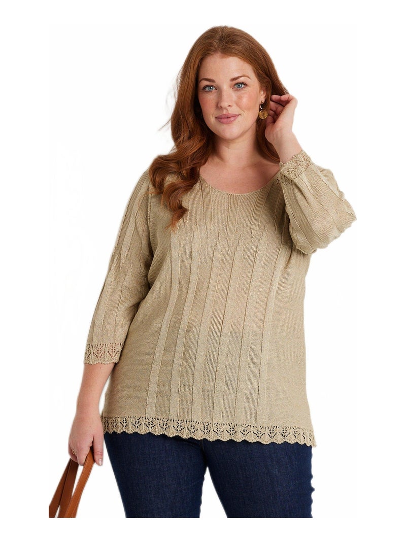 Pull court ajouré col rond Beige - Kiabi