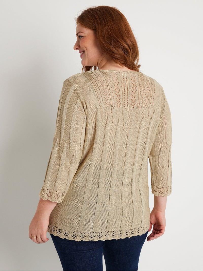 Pull court ajouré col rond Beige - Kiabi