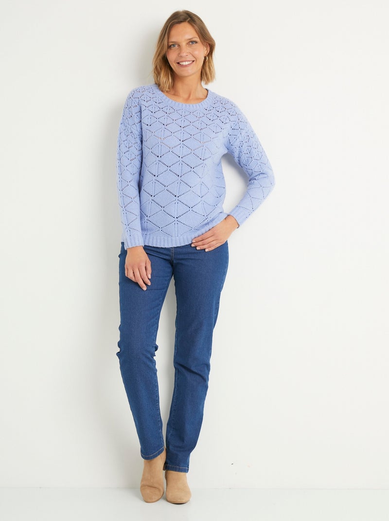 Pull court ajouré col rond manches longues - Afibel Bleu - Kiabi