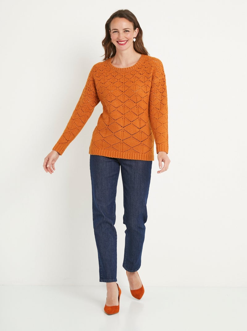 Pull court ajouré col rond manches longues - Afibel Marron caramel - Kiabi