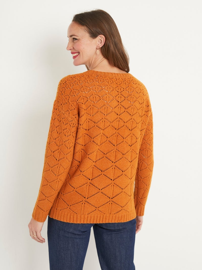 Pull court ajouré col rond manches longues Marron caramel - Kiabi