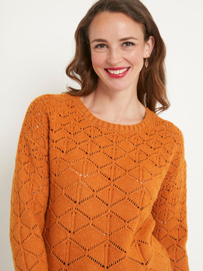 Pull court ajouré col rond manches longues Marron caramel - Kiabi