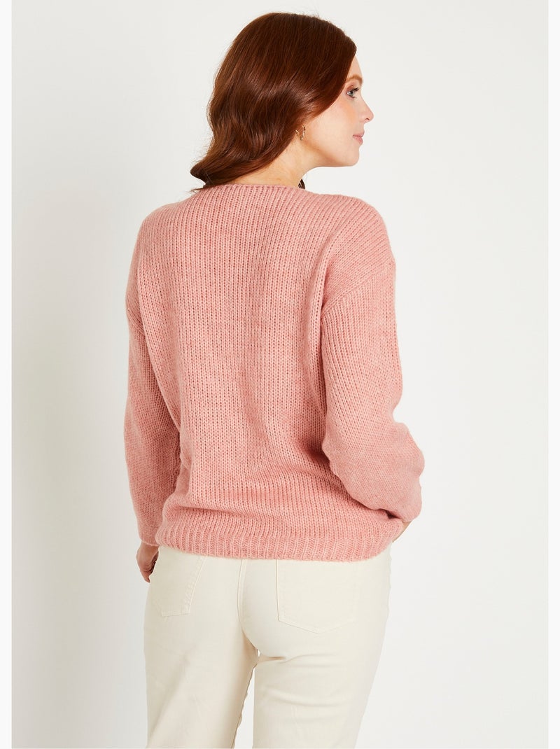 Pull court ample col rond grosse maille - Afibel Rose poudré - Kiabi