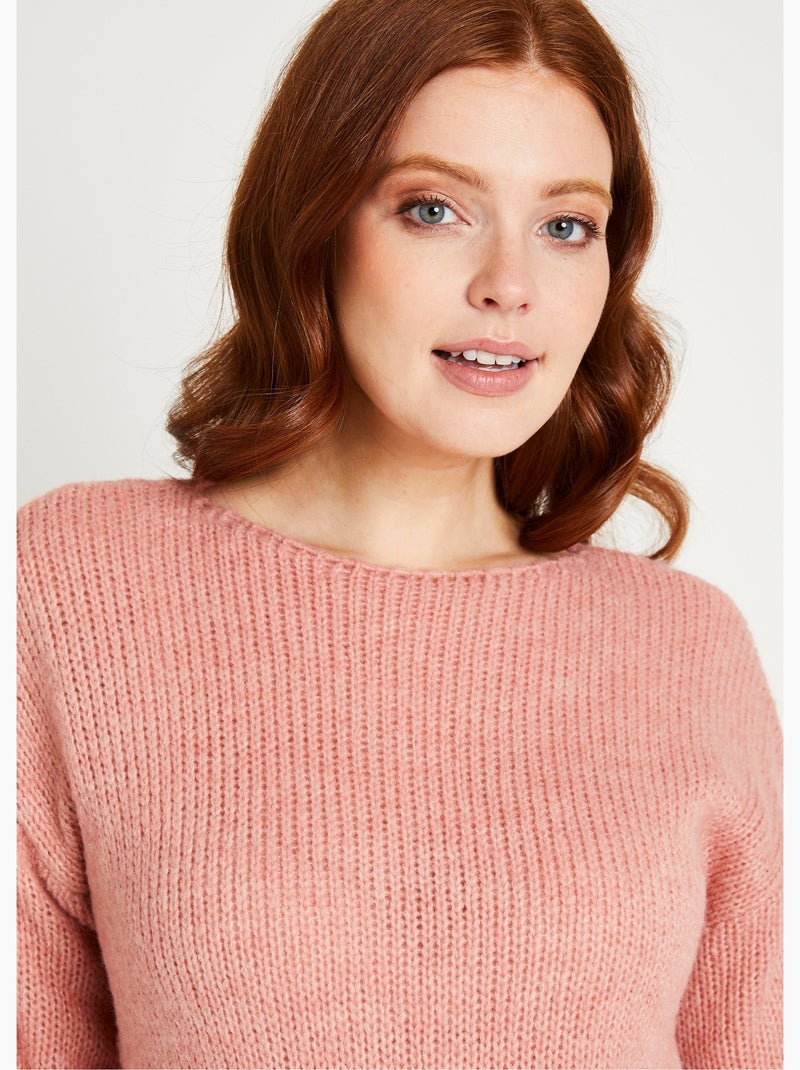 Pull court ample col rond grosse maille - Afibel Rose poudré - Kiabi