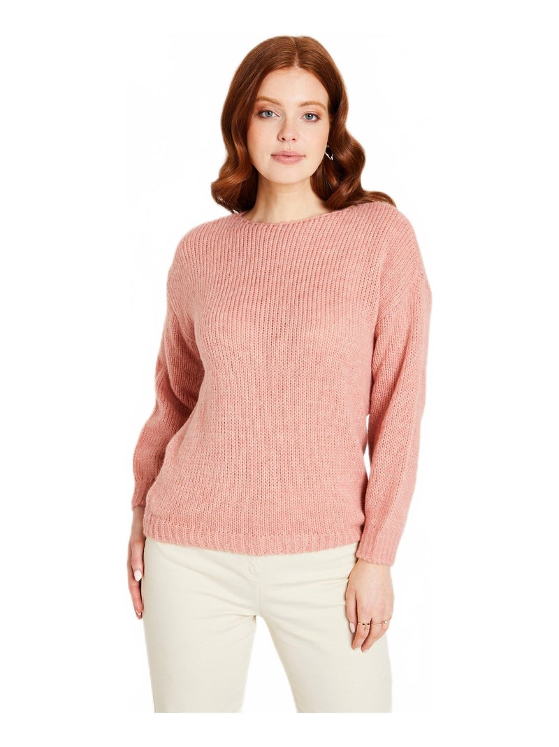 Pull court ample col rond grosse maille Rose pâle - Kiabi