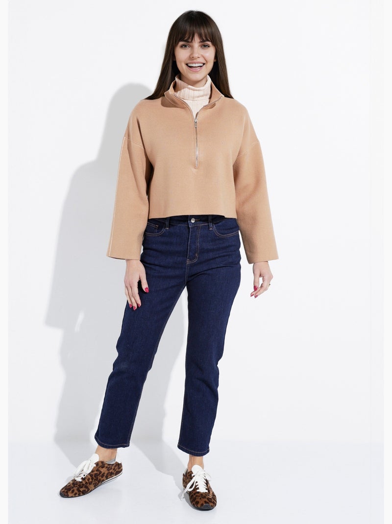 Pull court avec col montant zippé - afibel Taupe - Kiabi