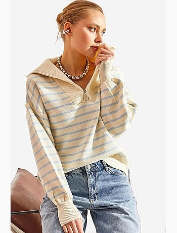 Pull court boxy à rayures avec col zippé lucci