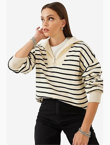 Pull court boxy à rayures avec col zippé lucci