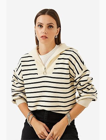Pull court boxy à rayures avec col zippé lucci