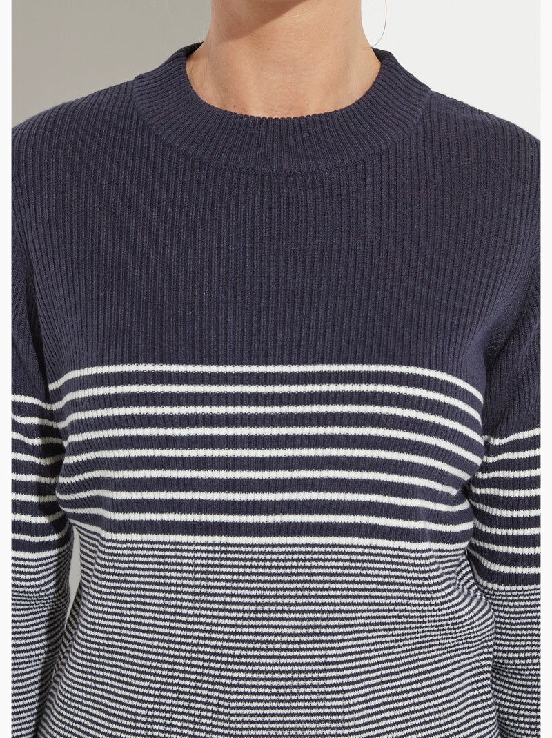 Pull court col montant maille côtelée - Afibel Marine/Ecru - Kiabi