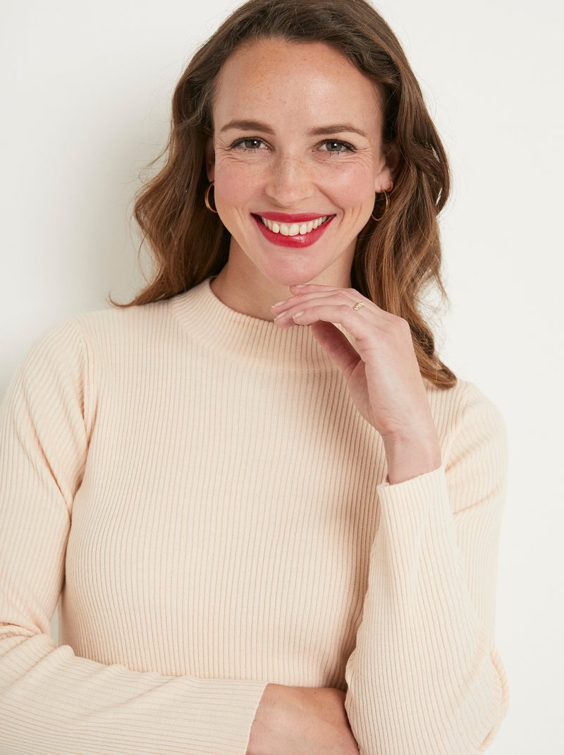 Pull court col montant maille côtelée Beige - Kiabi