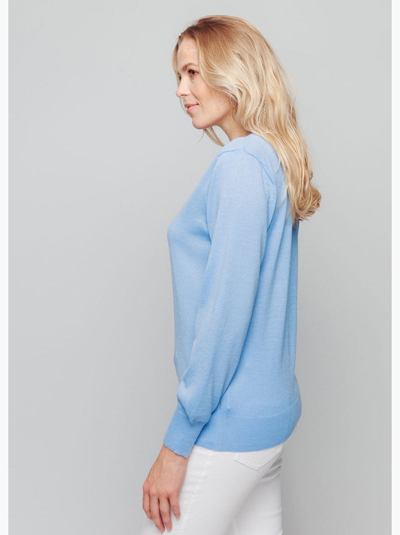 Pull court col V avec laine mérinos - Afibel Bleu ciel - Kiabi