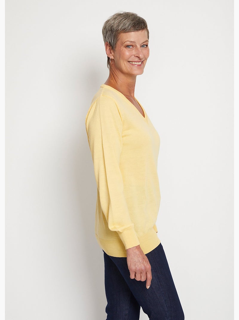 Pull court col V avec laine mérinos - Afibel Ivoire - Kiabi