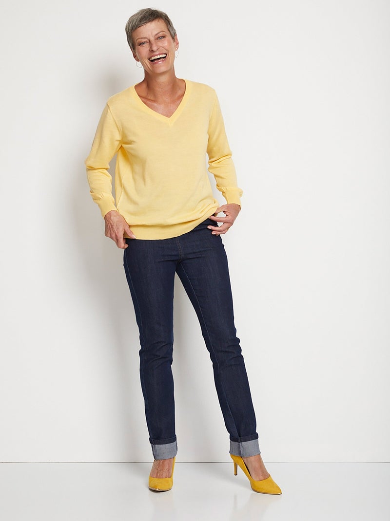 Pull court col V avec laine mérinos - Afibel Jaune - Kiabi