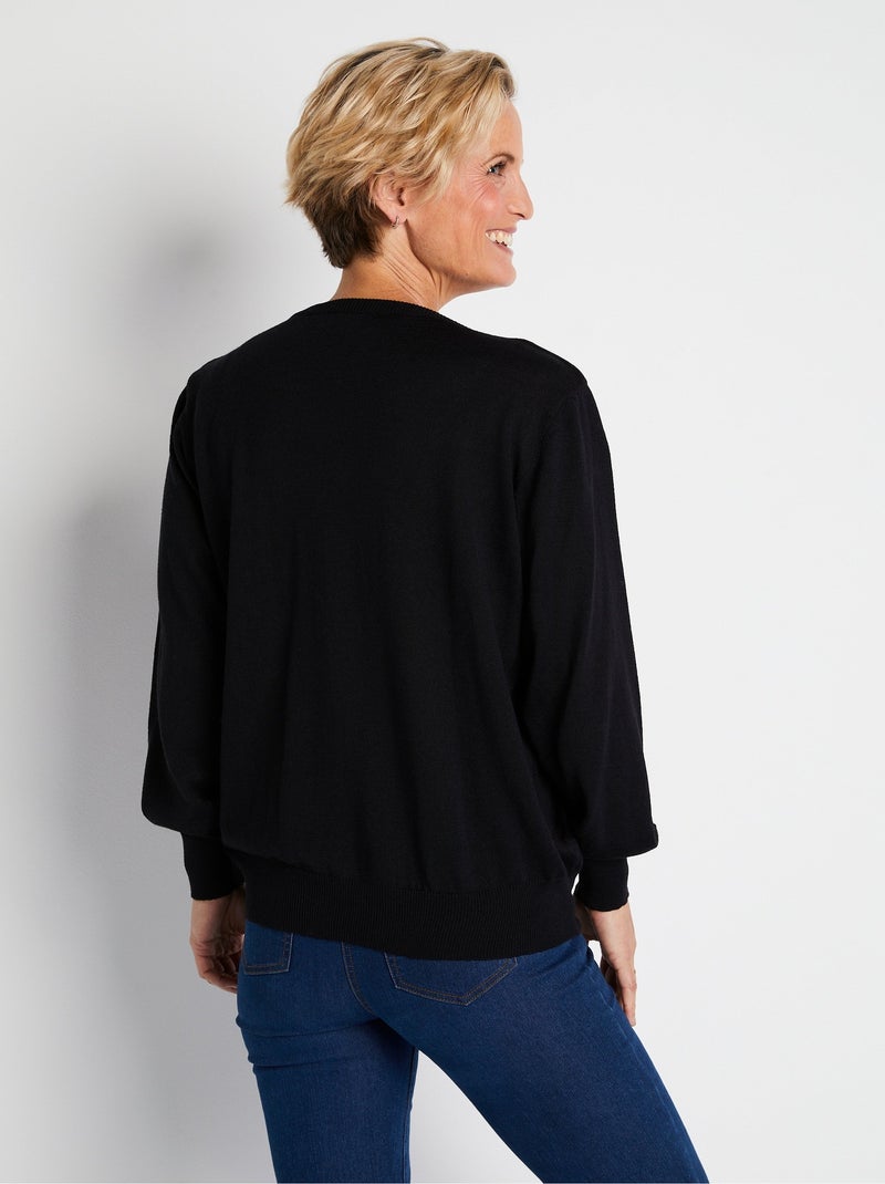 Pull court col V avec laine mérinos - Afibel Noir - Kiabi