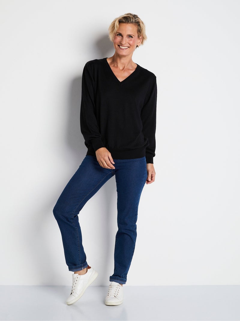 Pull court col V avec laine mérinos - Afibel Noir - Kiabi