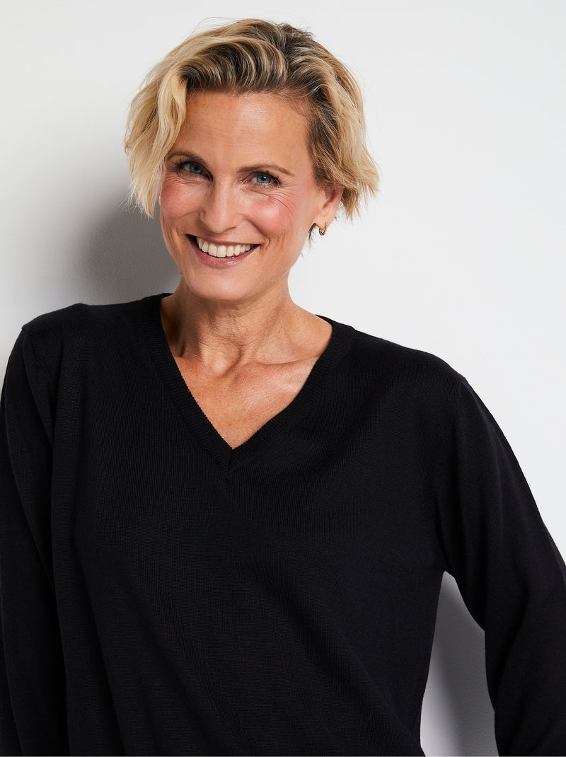 Pull court col V avec laine mérinos - Afibel Noir - Kiabi