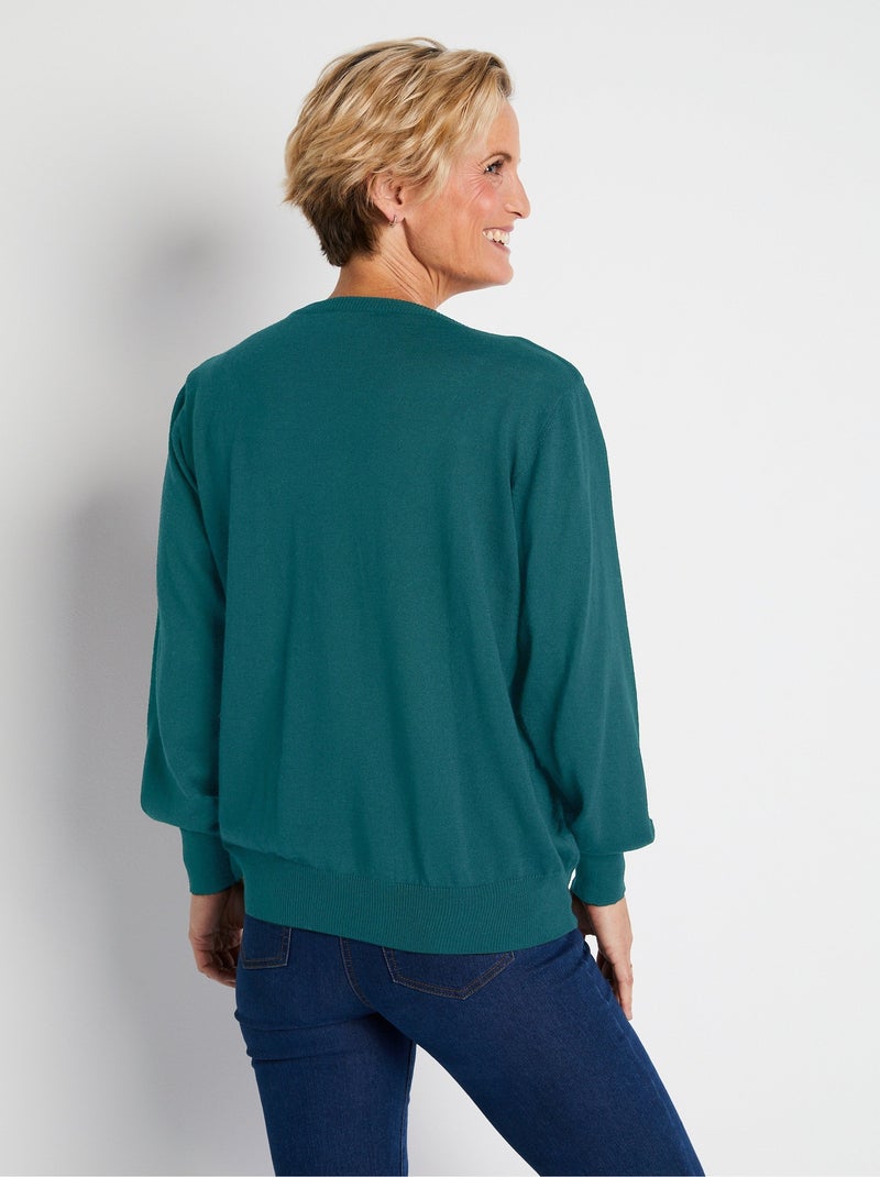 Pull court col V avec laine mérinos - Afibel Vert - Kiabi