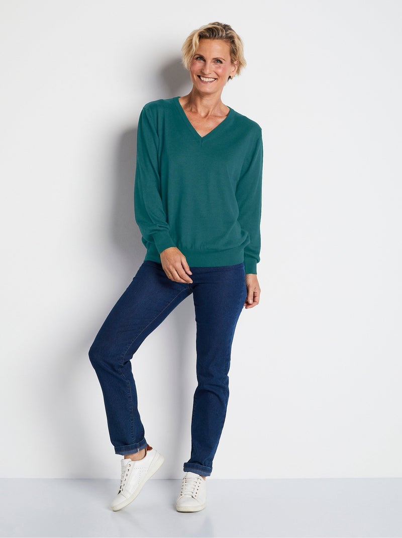 Pull court col V avec laine mérinos - Afibel Vert émeraude - Kiabi
