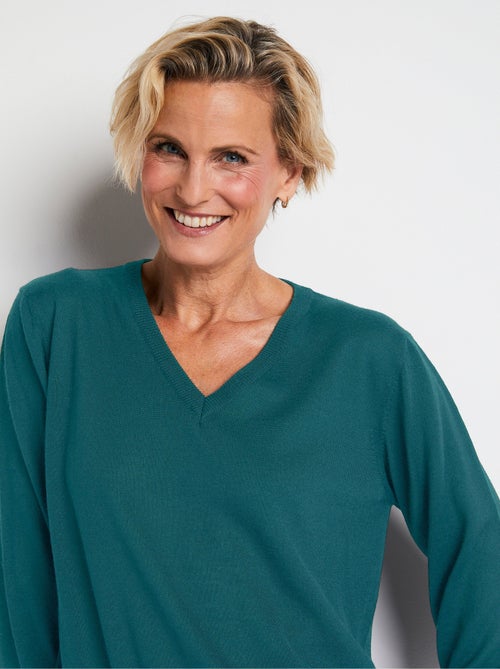 Pull court col V avec laine mérinos - Afibel - Kiabi