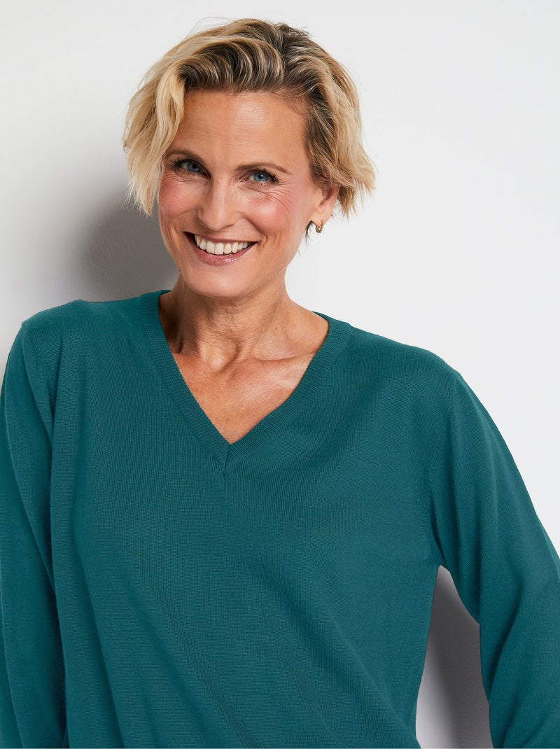 Pull court col V avec laine mérinos - Afibel Vert émeraude - Kiabi