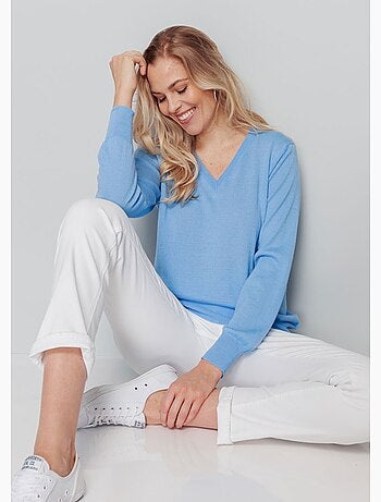 Pull court col V avec laine mérinos