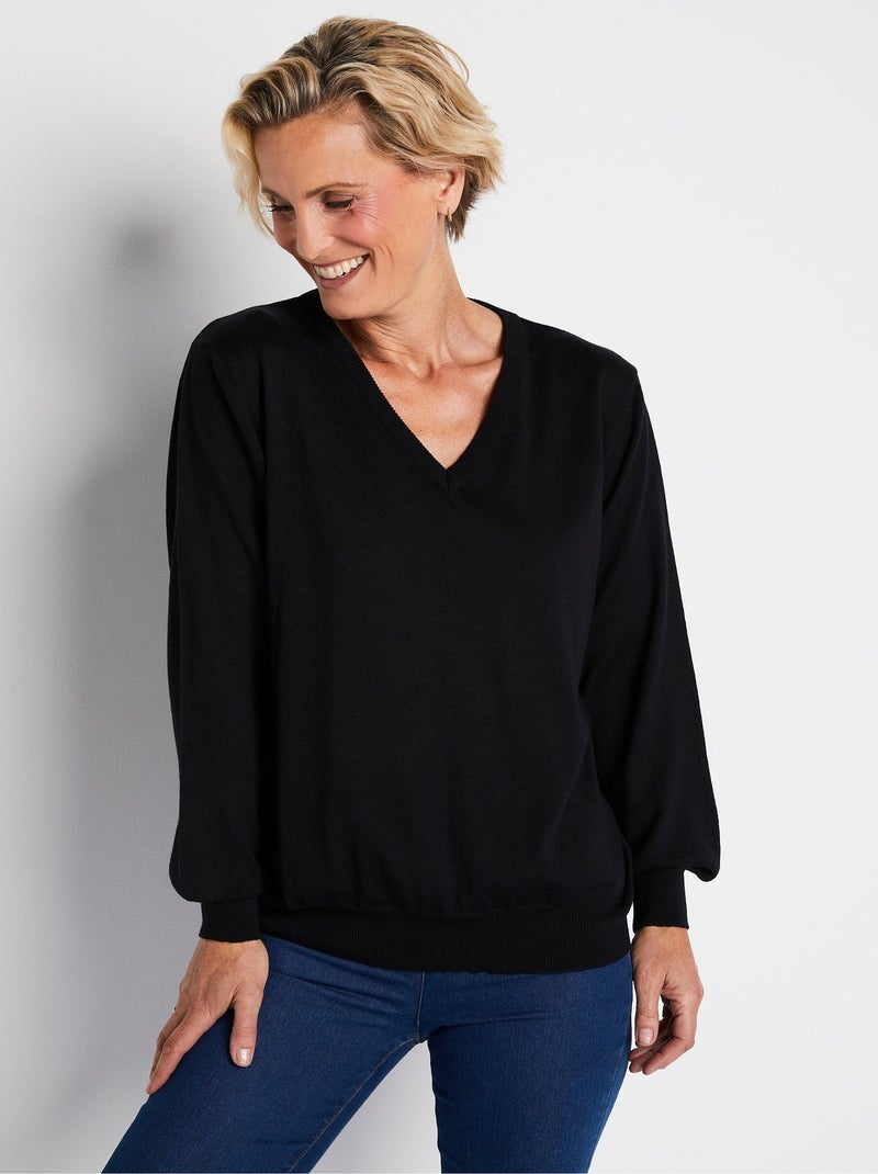 Pull court col V avec laine mérinos Noir Femme Kiabi