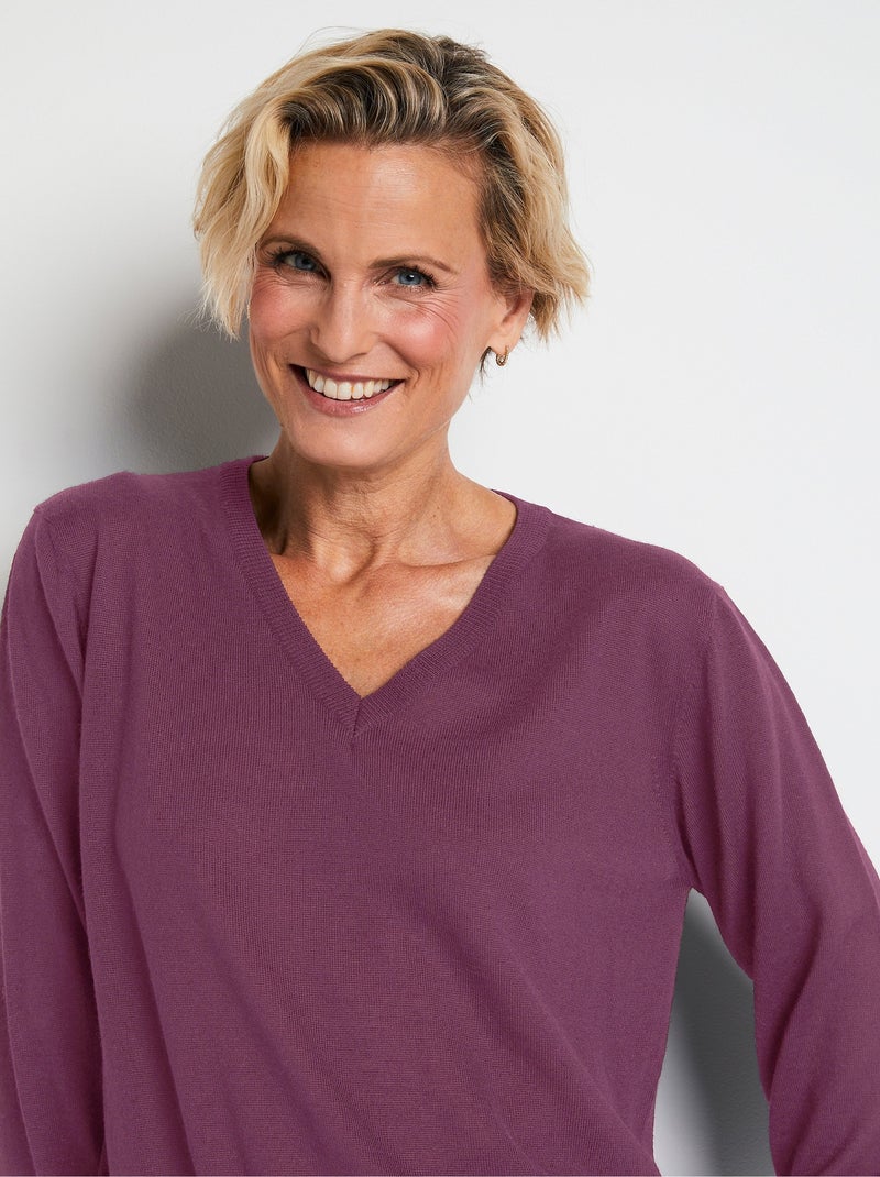 Pull court col V avec laine mérinos Violet - Kiabi