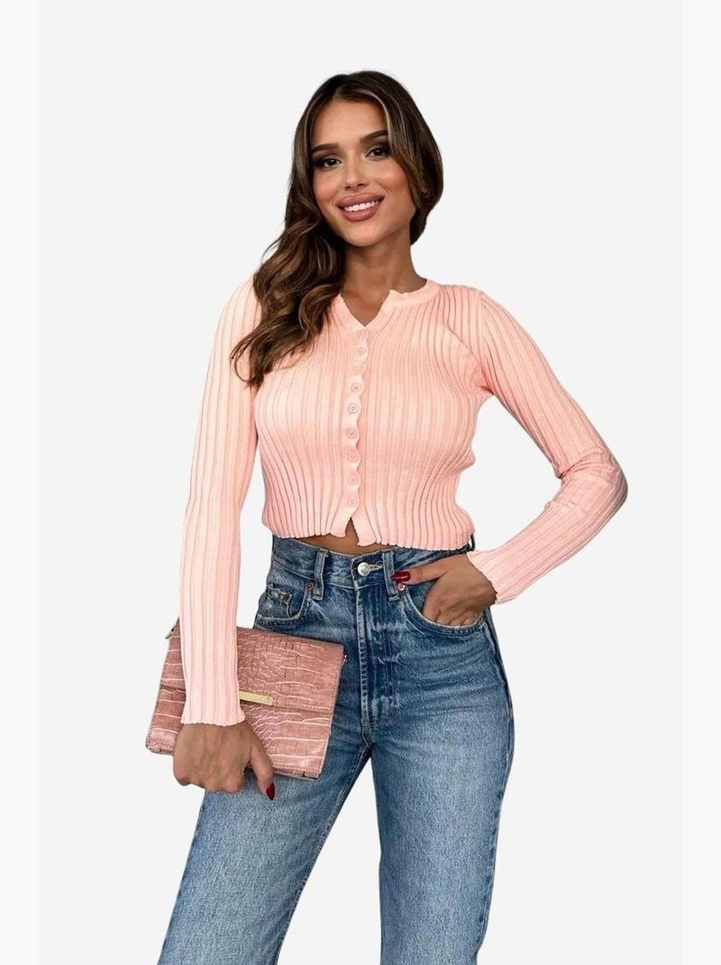 Pull court côtelé ajusté à col boutonné my fashion Rose pâle - Kiabi