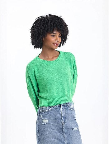 Pull court déchiré à col rond uni