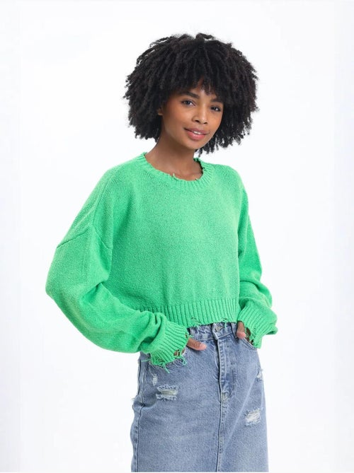 Pull court déchiré à col rond uni - Kiabi Pull court déchiré à col rond uni - Kiabi