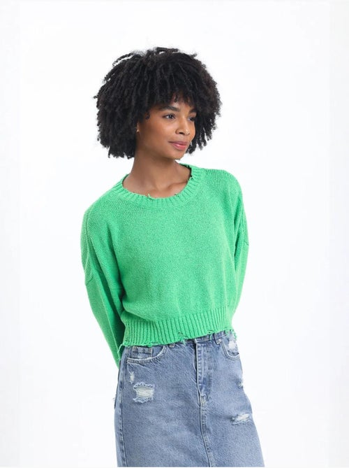 Pull court déchiré à col rond uni - Kiabi Pull court déchiré à col rond uni - Kiabi