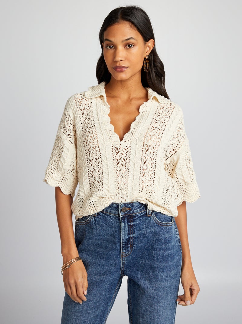 Pull court en maille ajourée Beige - Kiabi