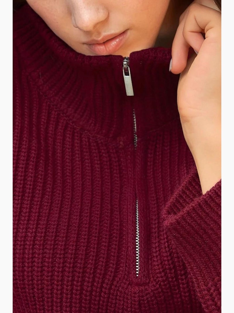 Pull court en maille épaisse avec col zippé hiccup Rouge bordeaux - Kiabi