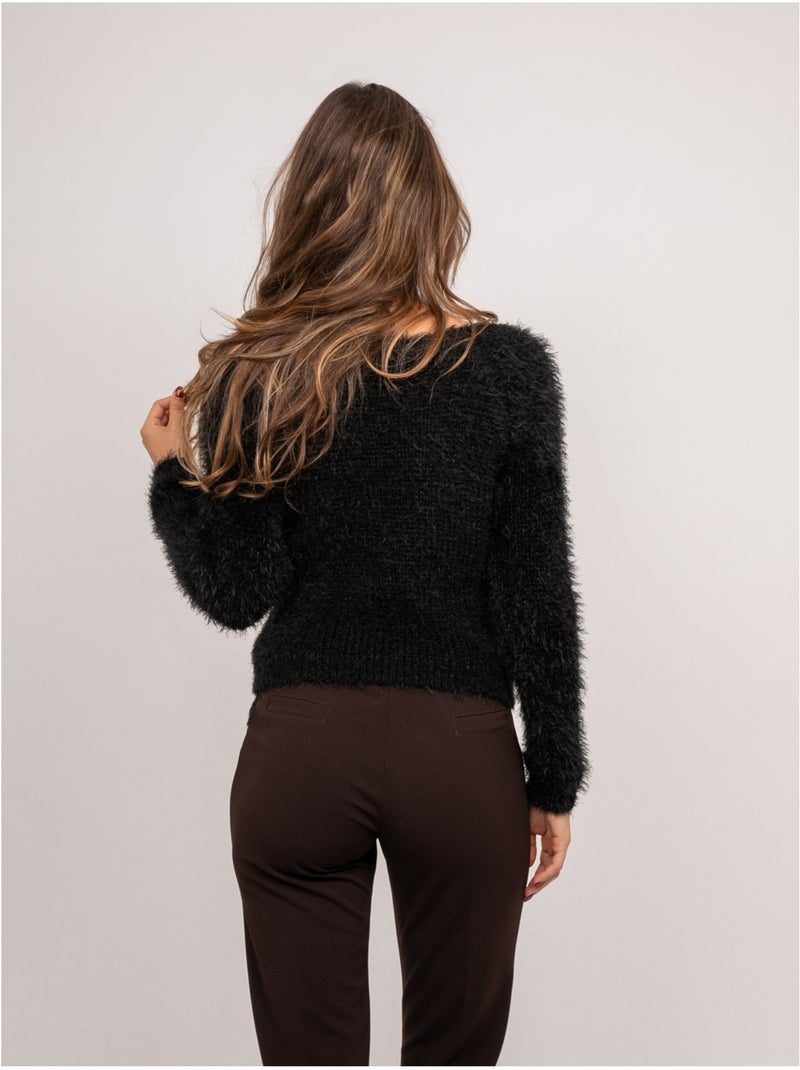 Pull court en maille poilue encolure dégagée kynaelle Noir - Kiabi
