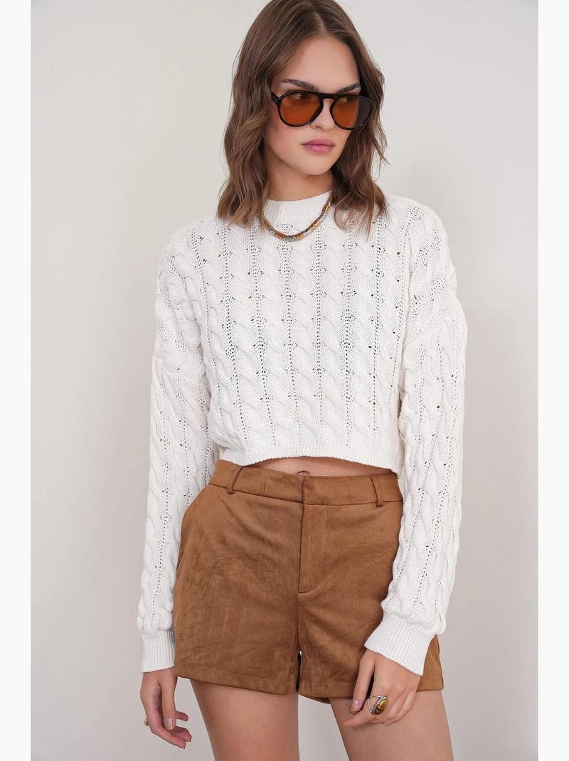Pull court épais avec motif tresse mixray Ivoire - Kiabi