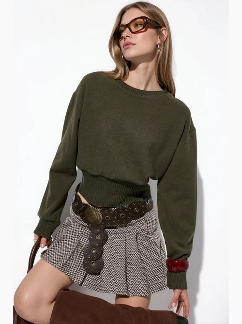 Pull court femme à col rond et côtes busem - Kiabi
