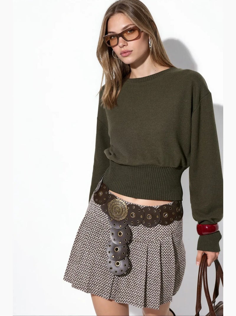 Pull court femme à col rond et côtes busem Noir - Kiabi